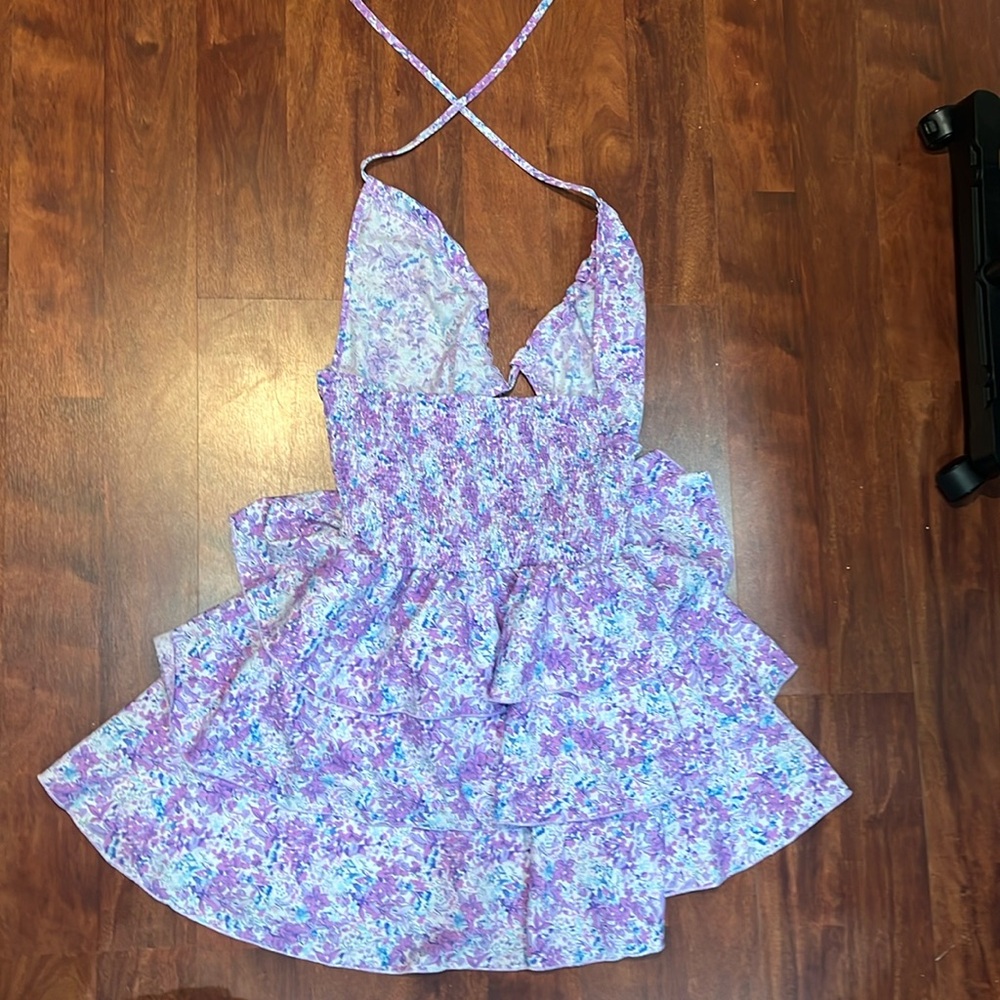 size large shein purple floral patterned ruffled cutout dress - Picture 2 of 4